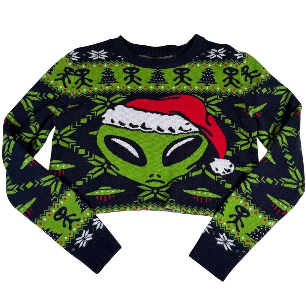 Alien Santa Christmas Crop Ugly Sweater Black Green Fair Isle Festive XS XMAS